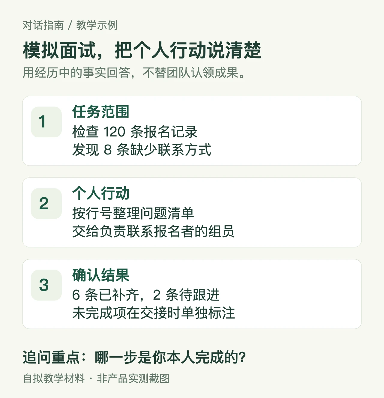 课程项目经历的三部分:检查120条记录发现8条缺失,按行号交接给组员,最终6条补齐且2条待跟进。